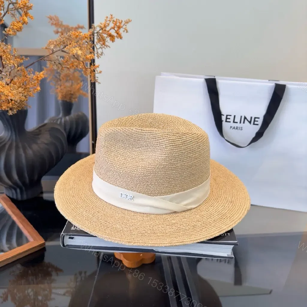 View 8 of Beige Straw Wide-Brim Hat Satin-Band Dior-Logo Crown