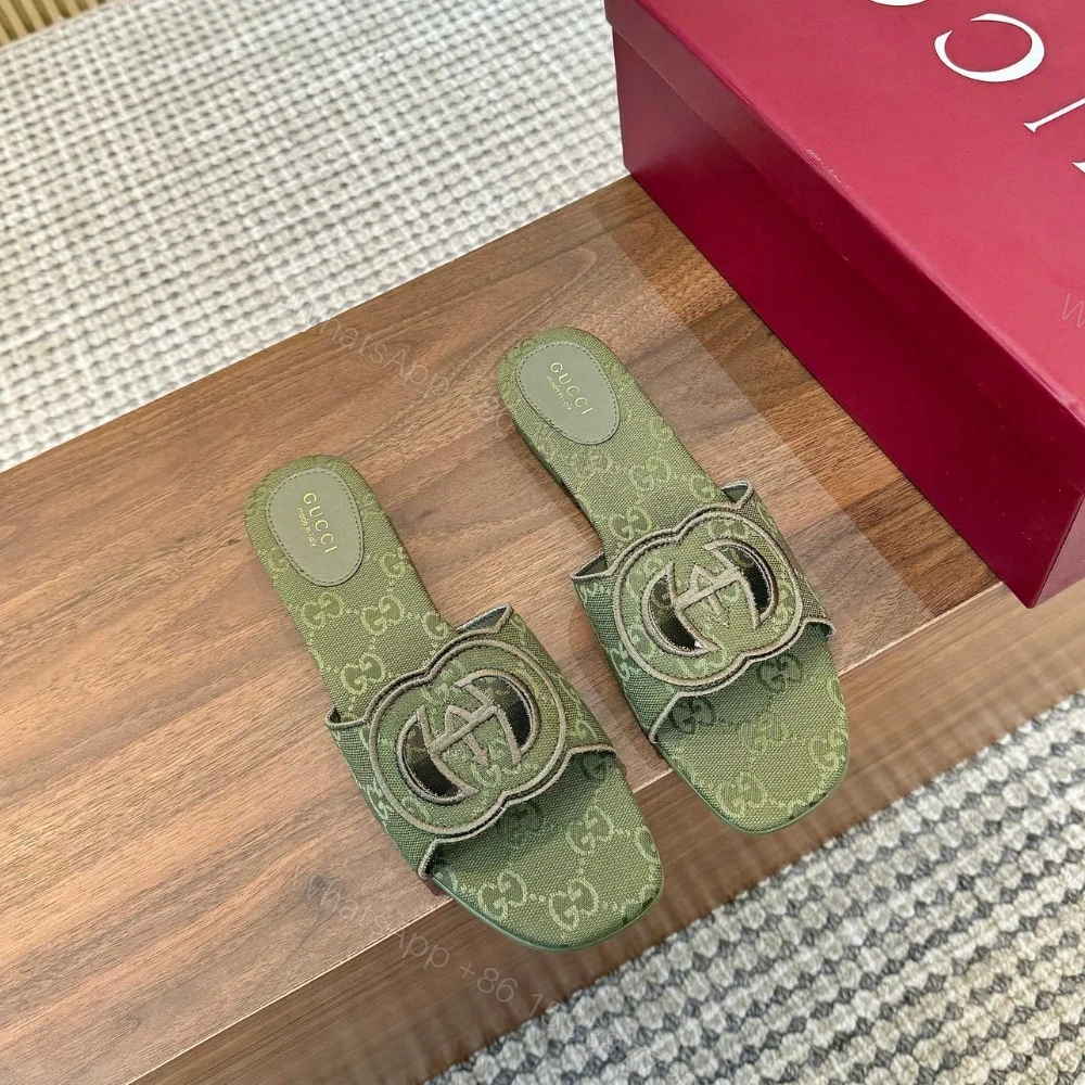 View 2 of GUCCI WOMEN SLIDE SANDAL WITH INTERLOCKING G GREEN GG CANVAS‎ ‎790447 9SF00 3005