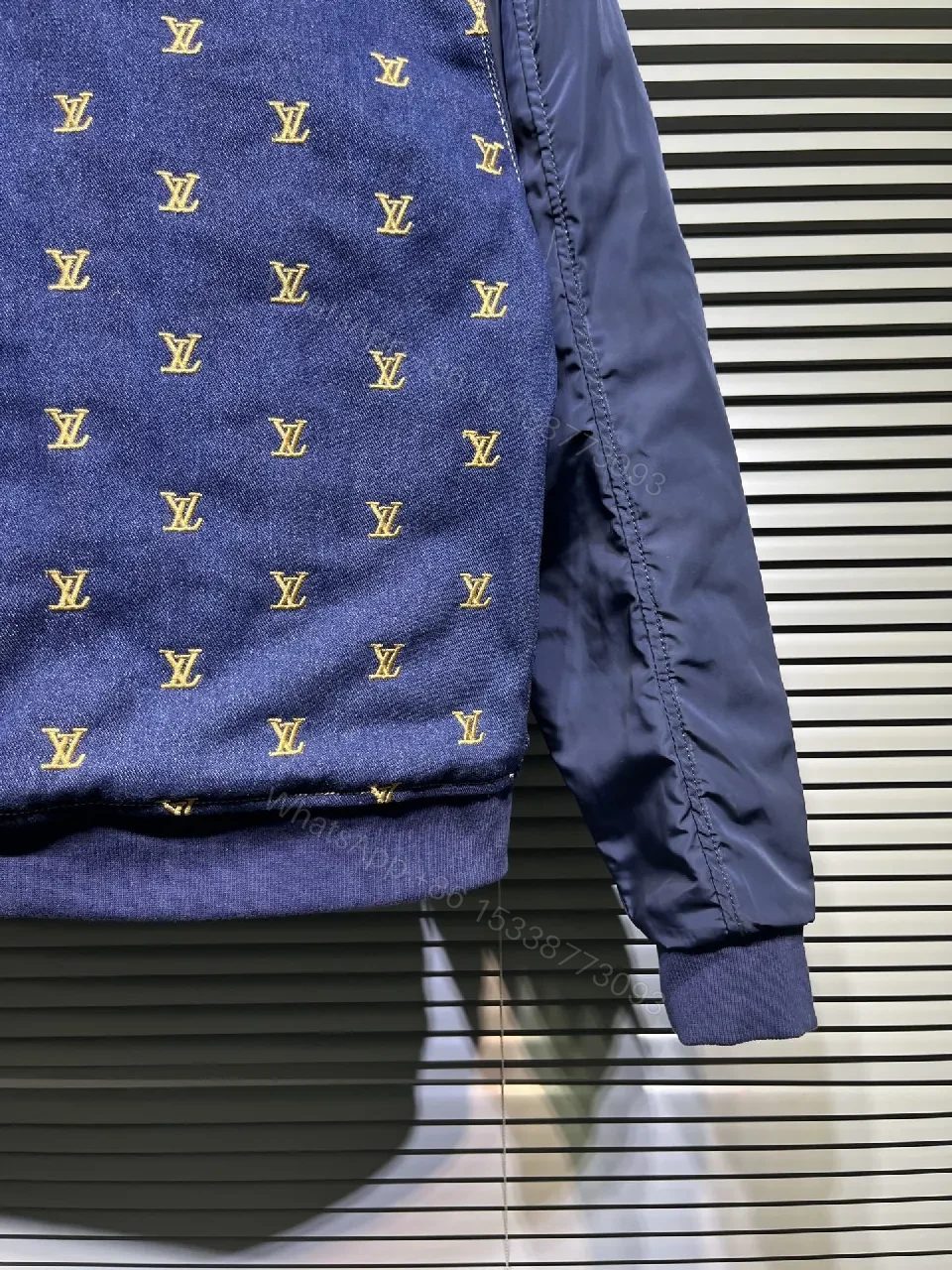 View 2 of Denim-Accent Zip-Front Jacket with Monogram Motif, Modern Texture