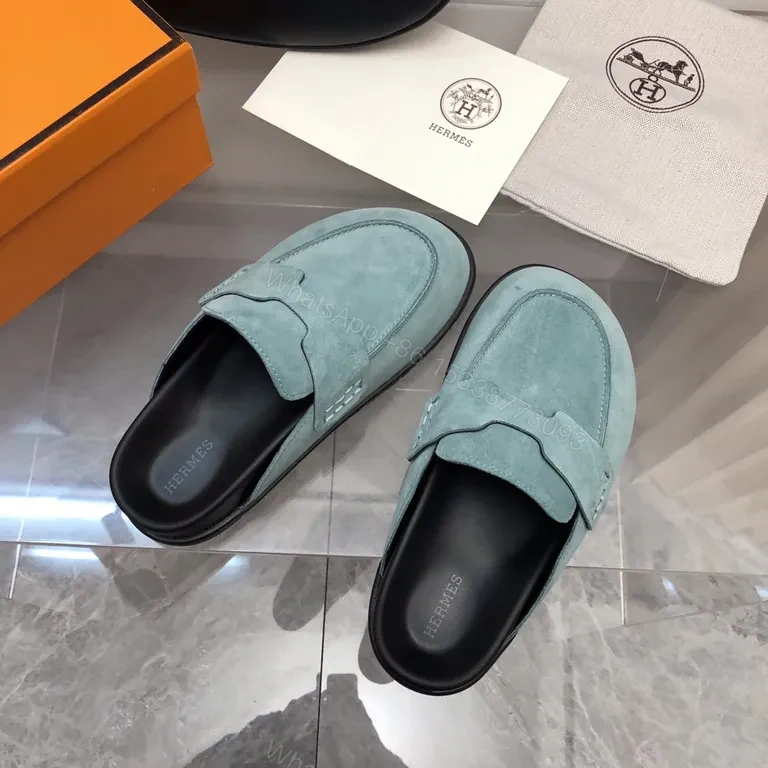 View 2 of Powder Blue Suede Driving Slippers â€“ Luxury Hermes-Inspired Style