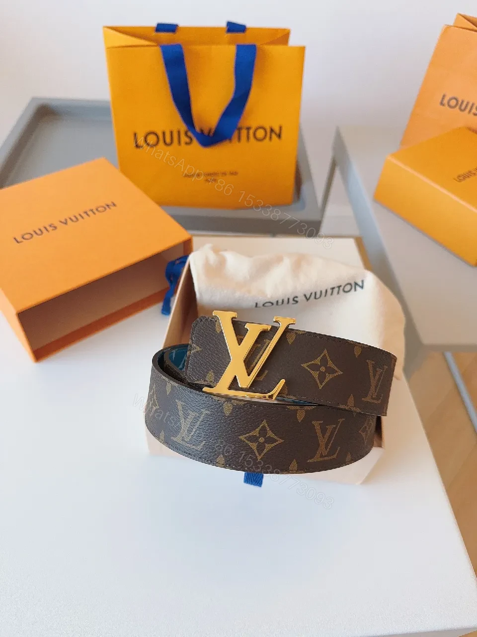 View 3 of Compact Luxury Belt: Monogram Canvas, Gold Buckle, Modern Style