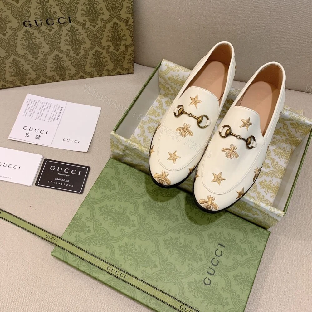 View 2 of Gucci Jordaan Embroidered Bee And Starleather Loafer White