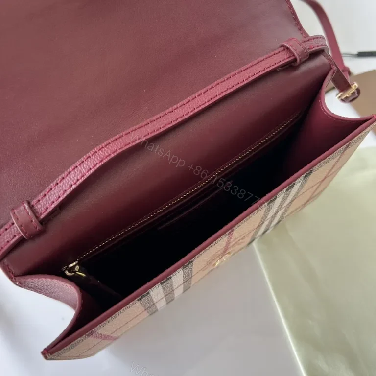 View 2 of Burberry Burgundy Leather Plaid Crossbody Bag with Gold Accent