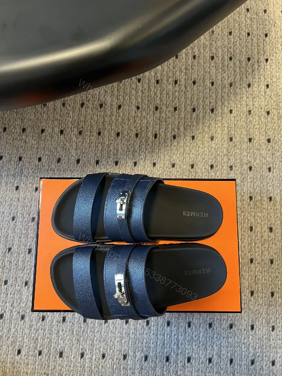 View 4 of Navy Leather Triple-Strap Sandals with Metal Hardware