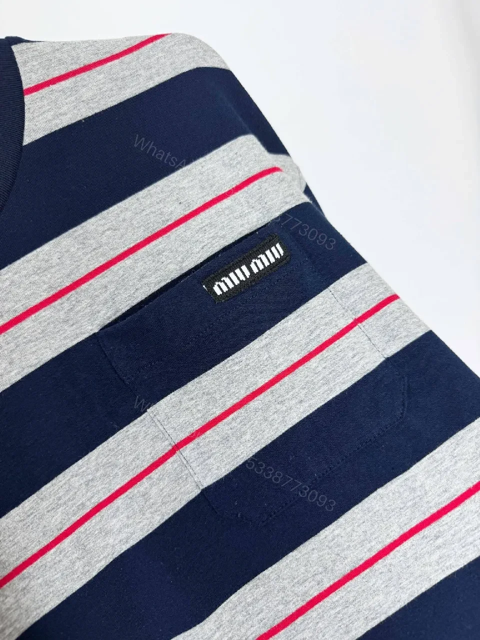 View 3 of Navy Gray Stripe Knit Top with Red Accent, Relaxed Fit