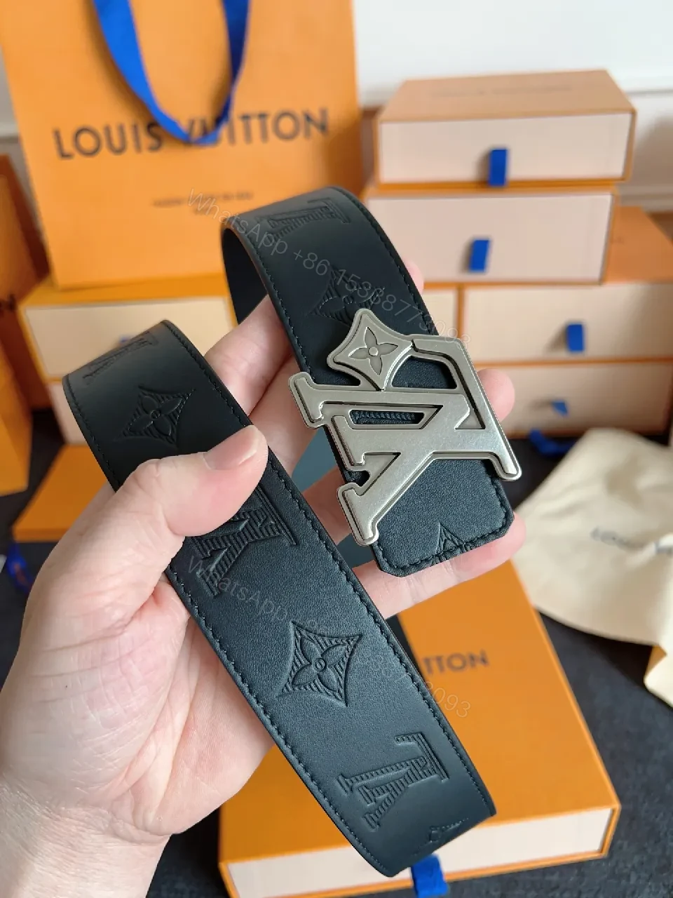 View 3 of Lux Black Leather Belt with LV Monogram & Silver Buckle