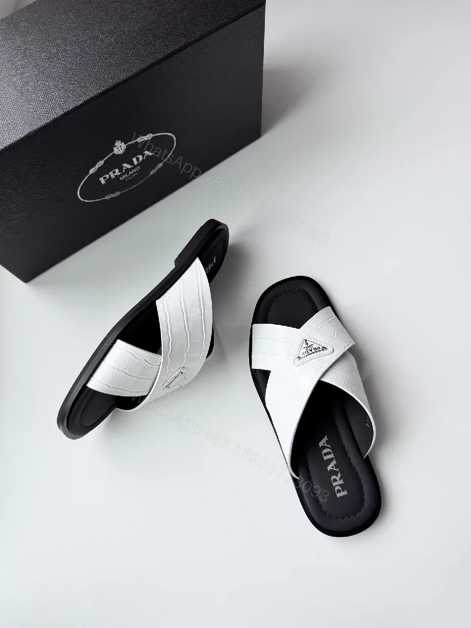 View 9 of White Crocodile-Texture Prada Slides Classic Casual Sandals
