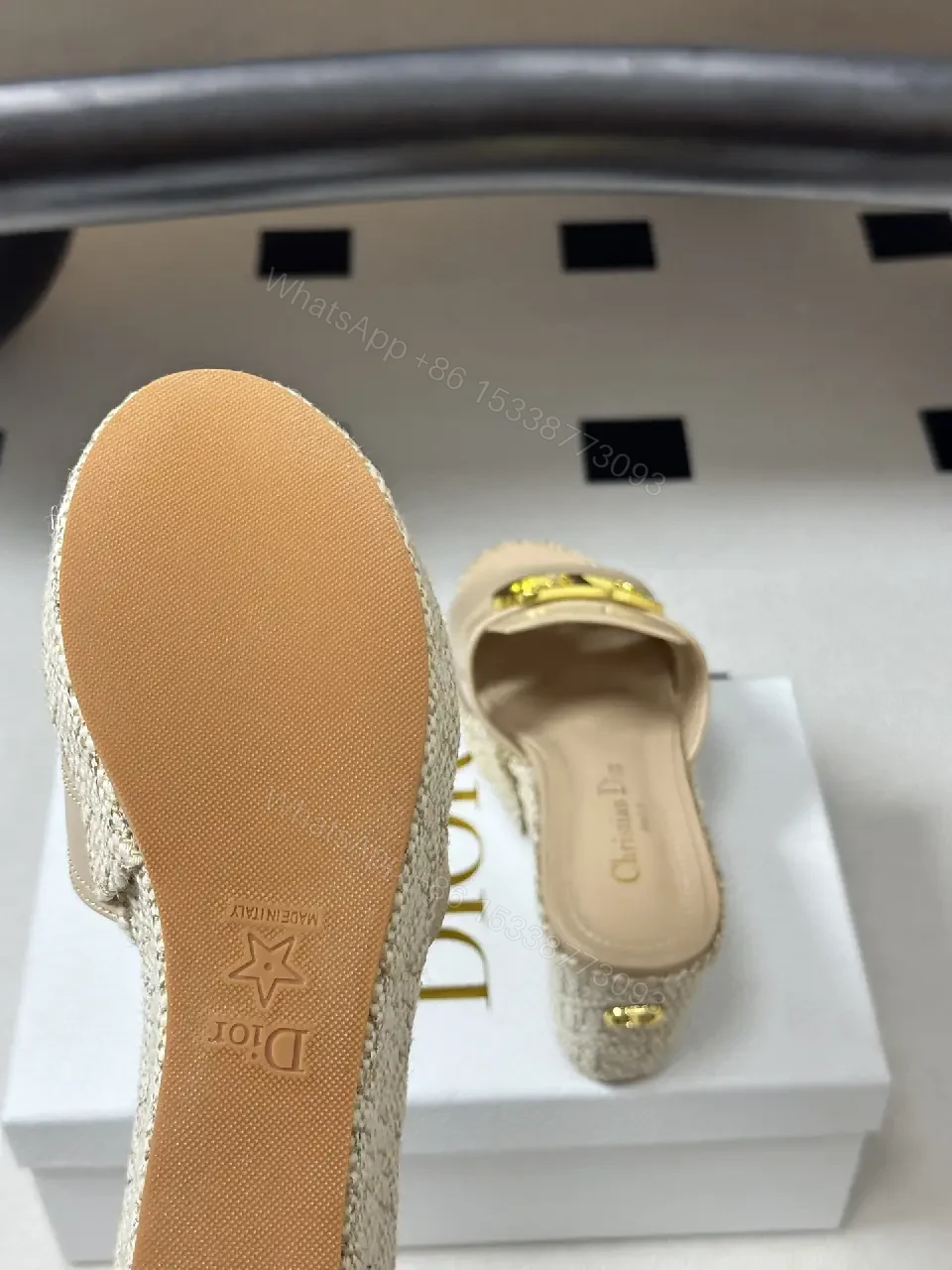 View 8 of Beige Leather Woven Wedge Sandals Dior-Style Gold Buckle Sandal
