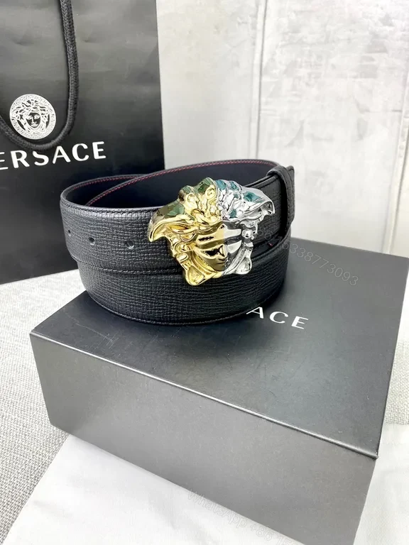 View 3 of Versace Two-Tone Medusa Belt: Black Full-Grain Leather Luxury