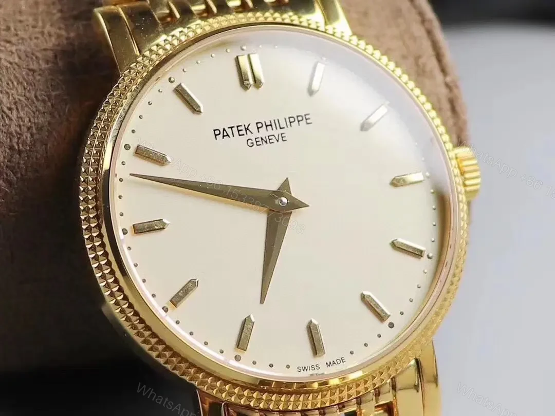 View 3 of Patek Philippe Calatrava 5120G Gold Watch with White Dial Roman Numerals and Baton Hands Ultra Thin Design with Italian Leather Strap