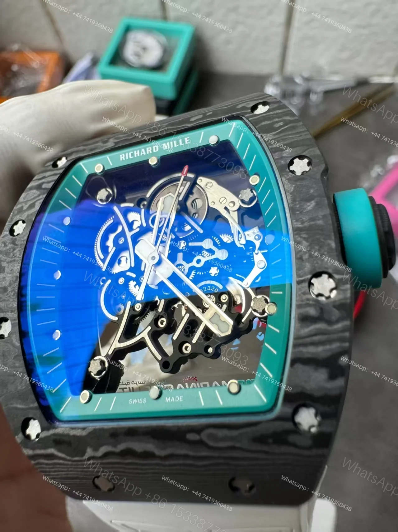 View 15 of Richard Mille RM 055 “Yas Marina Circuit” Carbon TPT Vaucher Free-Sprung White Rubber Strap Custom Super Clone