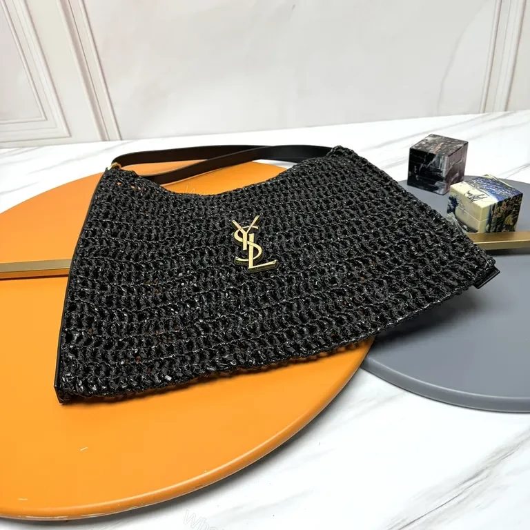 View 2 of Black Croc-Texture Tote with Gold YSL Logo â€“ Everyday Luxury Tote