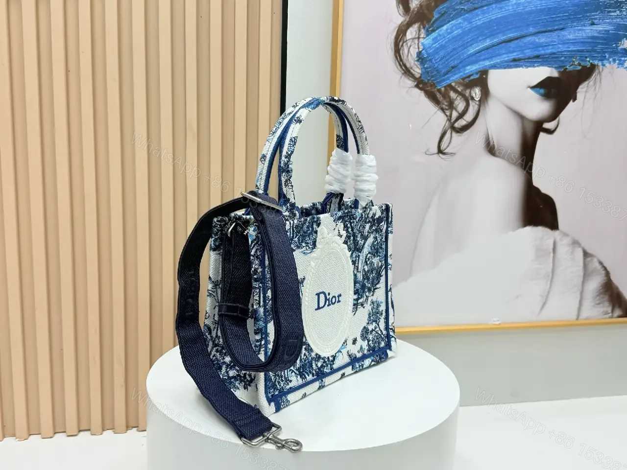 View 3 of Blue Canvas Handbag — Toile Crest Structured Crossbody Style