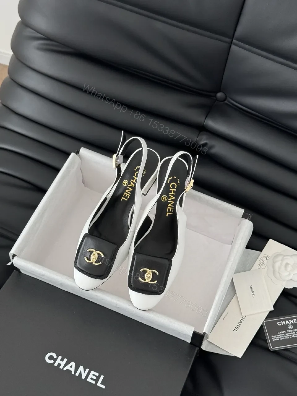 Black & White Leather Slingback Pumps, Gold Accent, Square-Toe, Comfort Mid-Heel — view 1