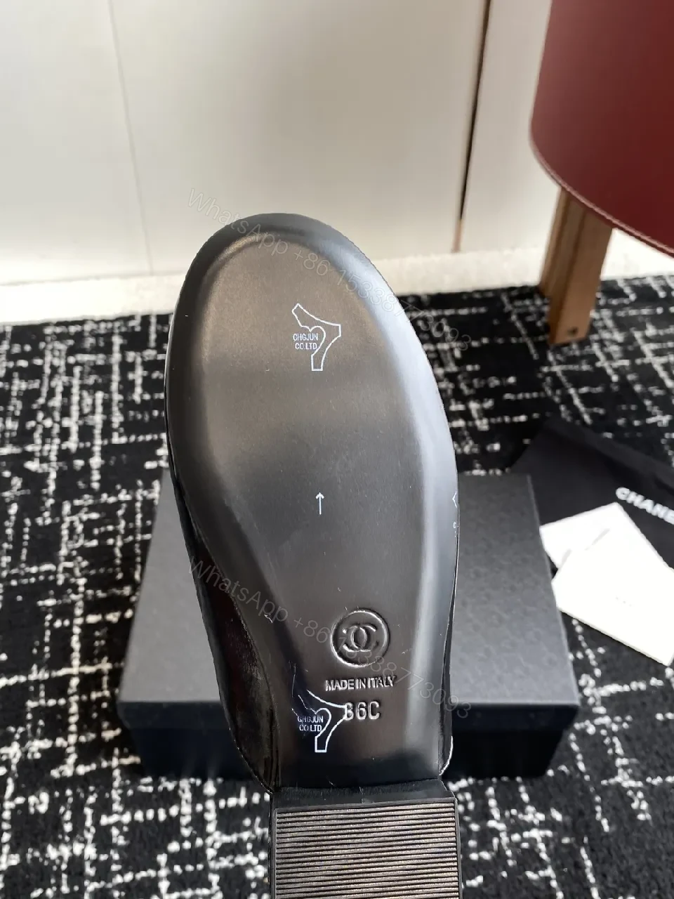 View 4 of Ivory-Black Leather Mules: Gold-C Logo Slip-Ons