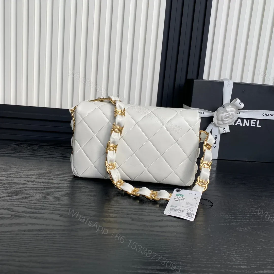 View 4 of CHANEL MEDIUM FLAP BAG 26 IN WHITE CALFSKIN GOLD DOUBLE C THICK CHAIN