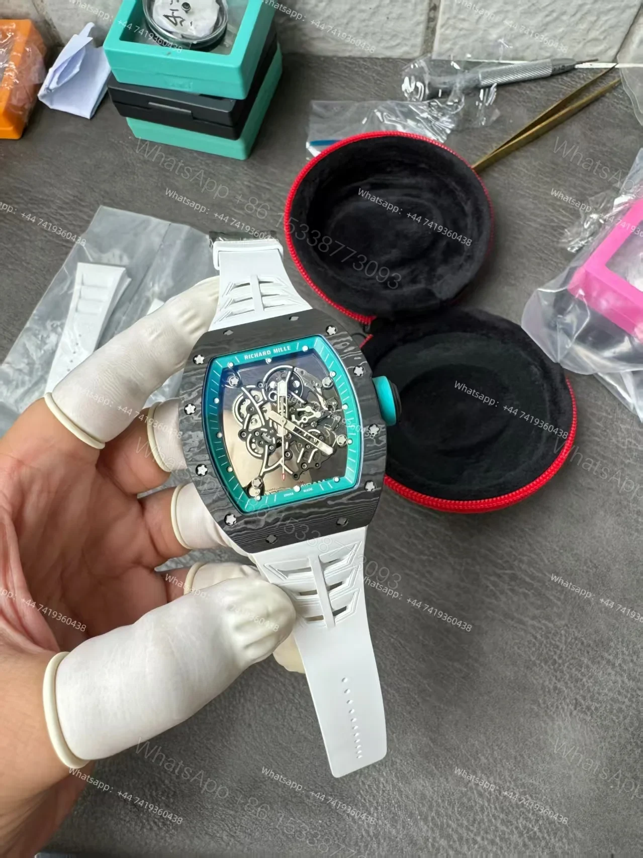 View 6 of Richard Mille RM 055 “Yas Marina Circuit” Carbon TPT Vaucher Free-Sprung White Rubber Strap Custom Super Clone