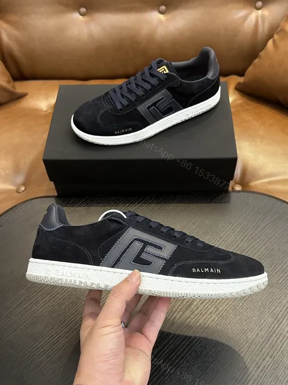 View 7 of Black/Gold Balmain-Style Low-Top Sneakers, Replica, Dark Blue Laces