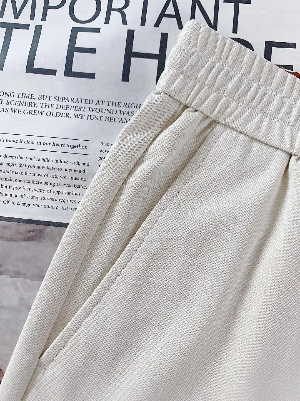 View 3 of Light Beige Drawstring Relaxed Pants with Elastic Waist, Smooth Solid Fabric, Full-Length Straight-Leg