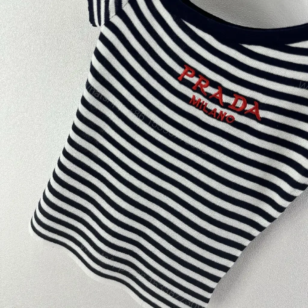 View 8 of Navy Stripe Cropped Tee with Embroidered Prada Milano Text