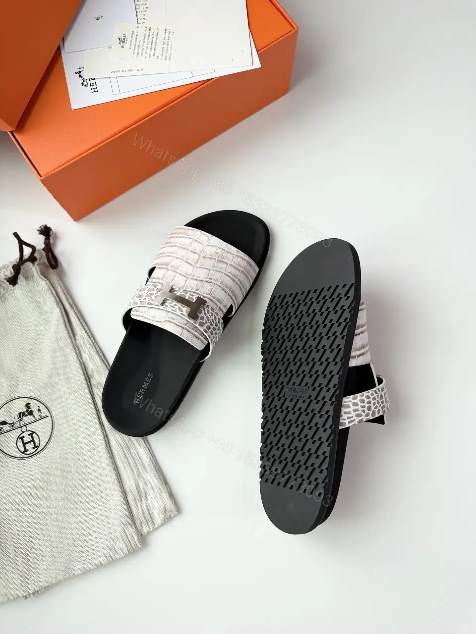 View 2 of White Crocodile-Texture Leather Slides Hermes Style Belt Sandals