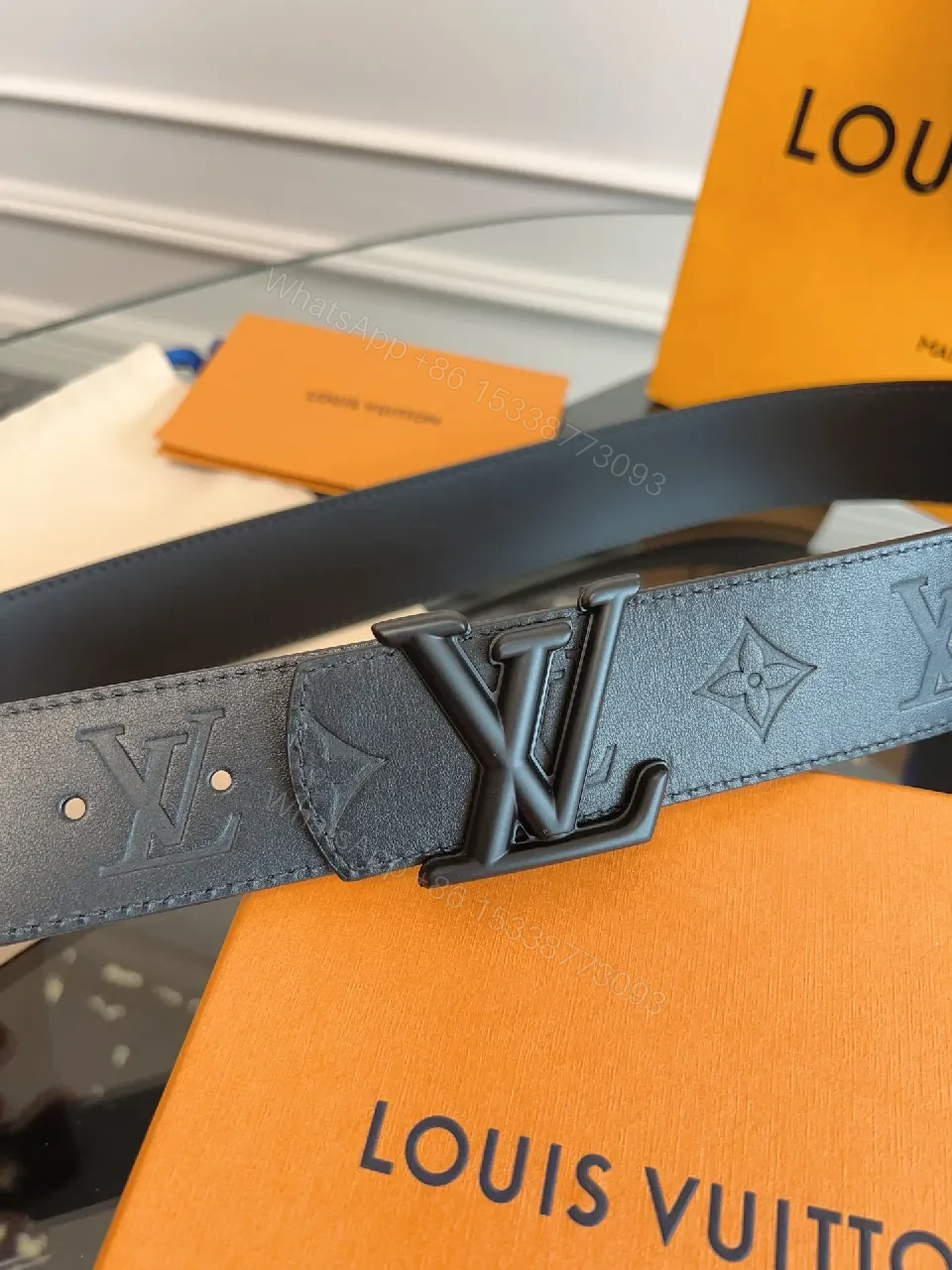 View 2 of Black Monogram Belt: Signature Buckle, Full-Grain Leather