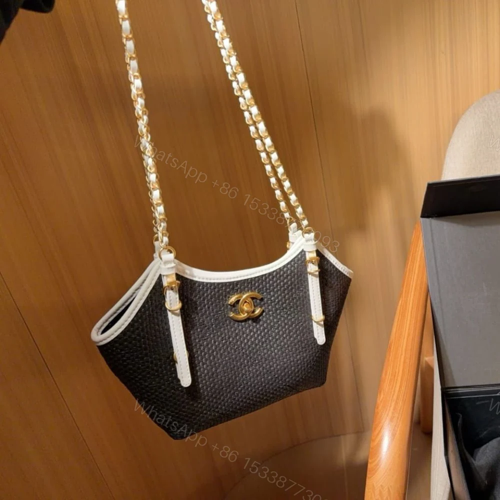 View 3 of Chanel Small Shopping Bag Braided Raffia Black And White 18Cm