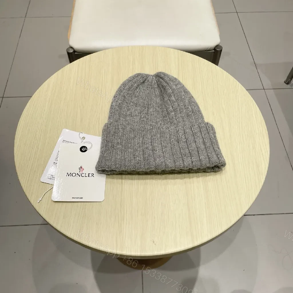 View 2 of Grey Knit Beanie - Premium Ribbed Style, Moncler Badge Feature