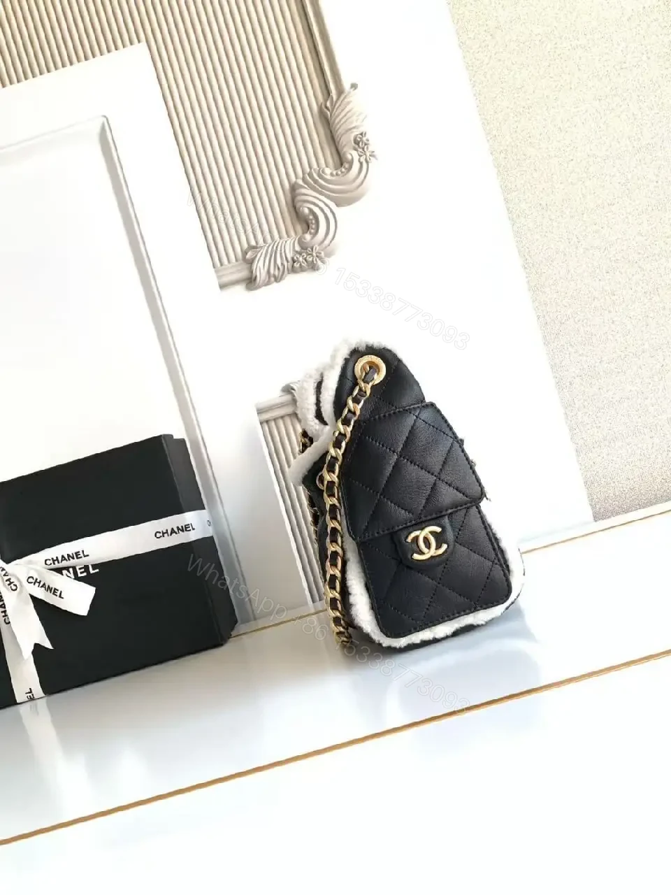View 7 of Quilted Mini Bag with Faux Shearling Trim - Compact Luxury