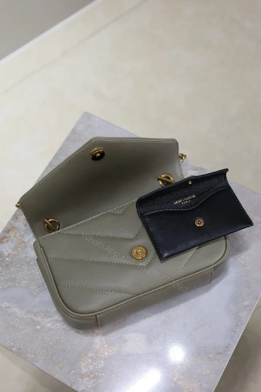 View 6 of Taupe Grained Leather Quilted Shoulder Bag with Gold Hardware