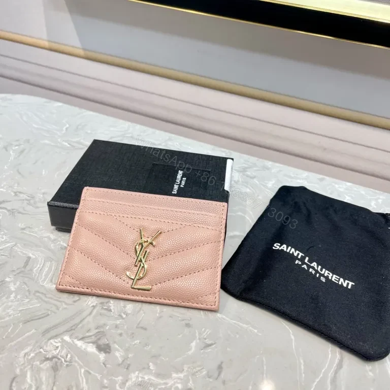 View 9 of Pink Chevron-Quilt Card Holder with YSL Logo, Calfskin Leather