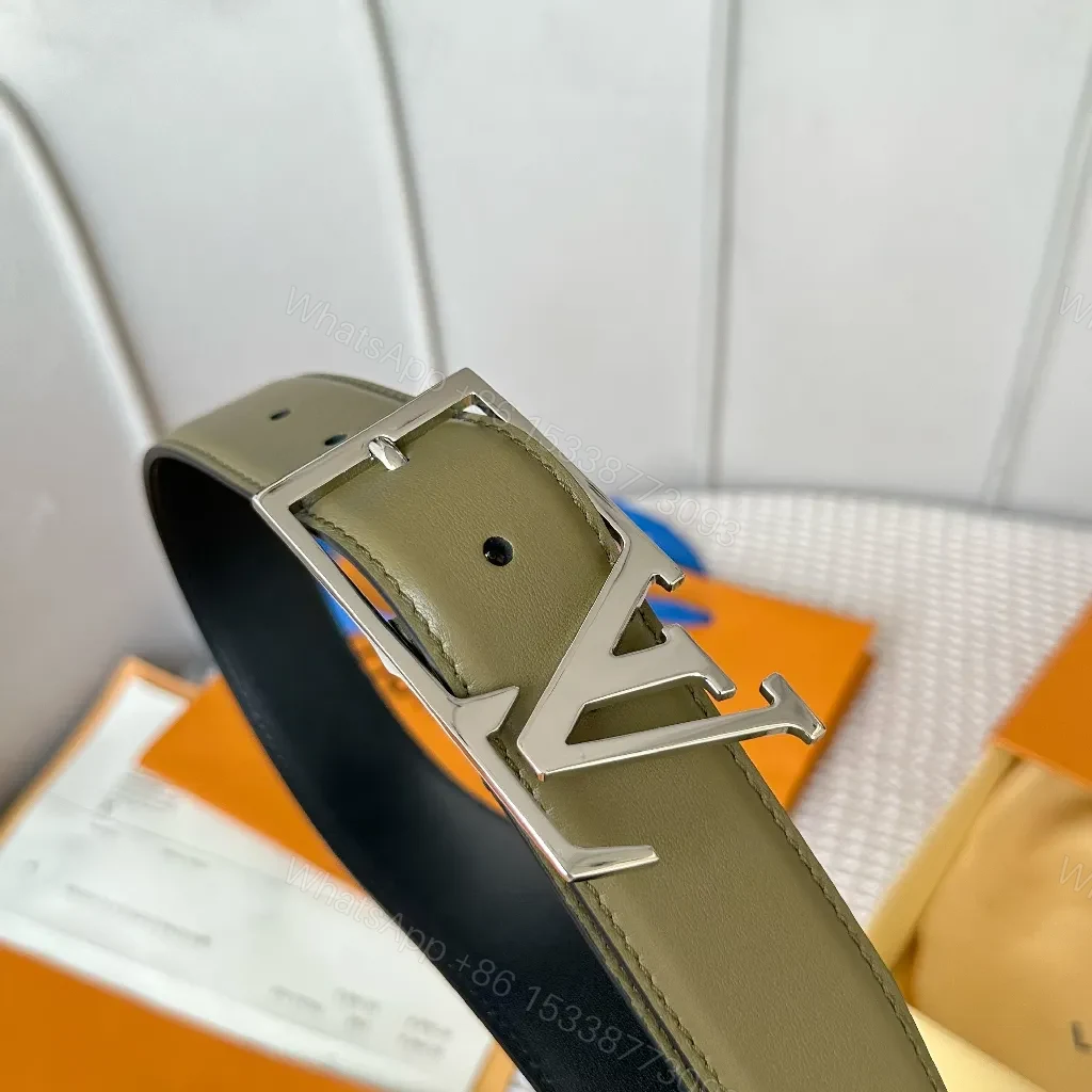 View 3 of Olive/Black Two-Tone Leather Belt with Metallic Buckle