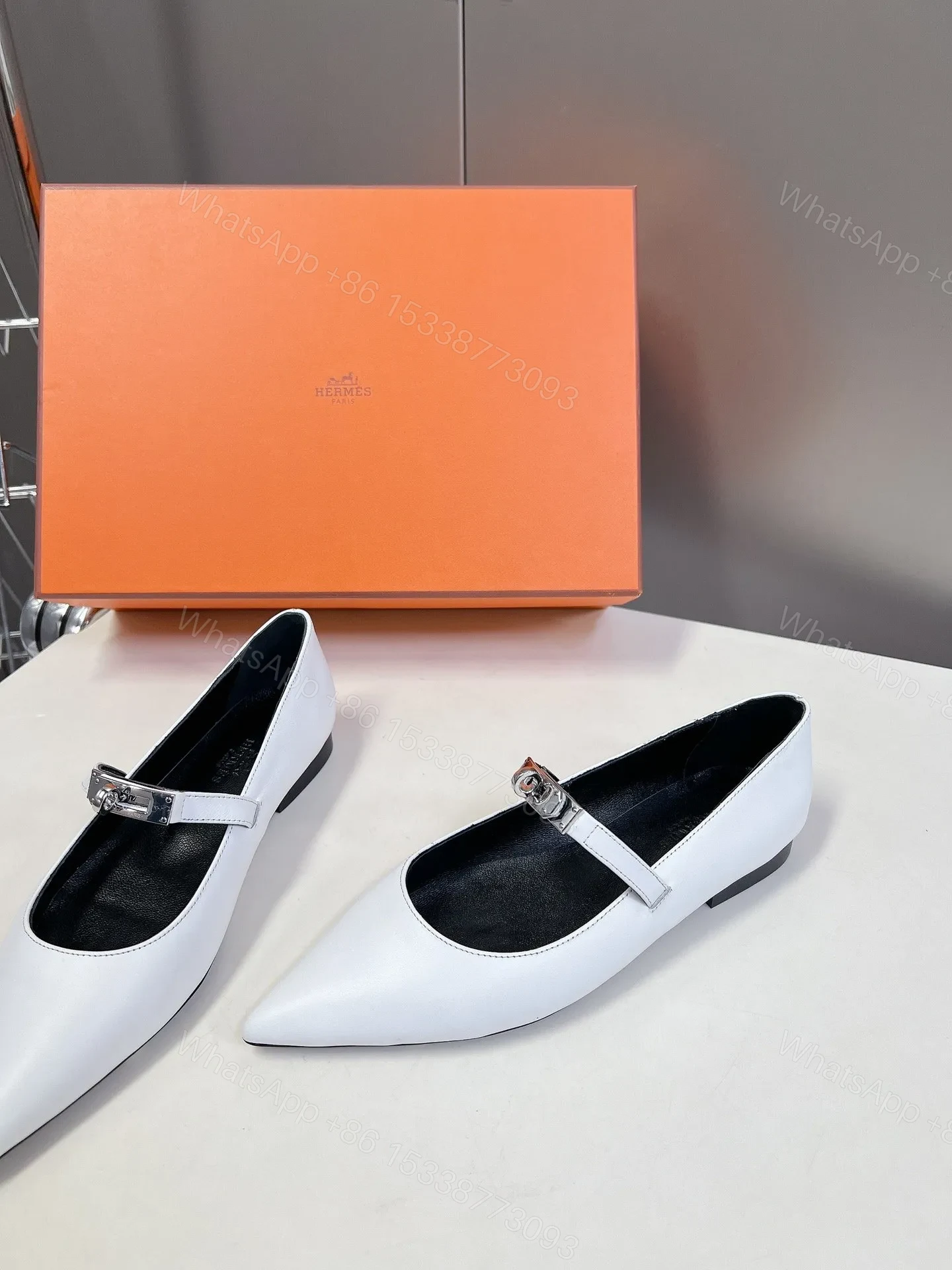 View 4 of Hermes Women White Leather Pointed Mary Jane Flats