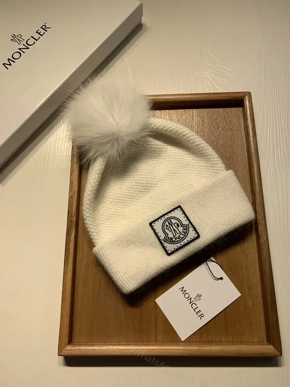 View 3 of Chic White Knit Beanie with Faux Fur Pom-Pom, Moncler Style