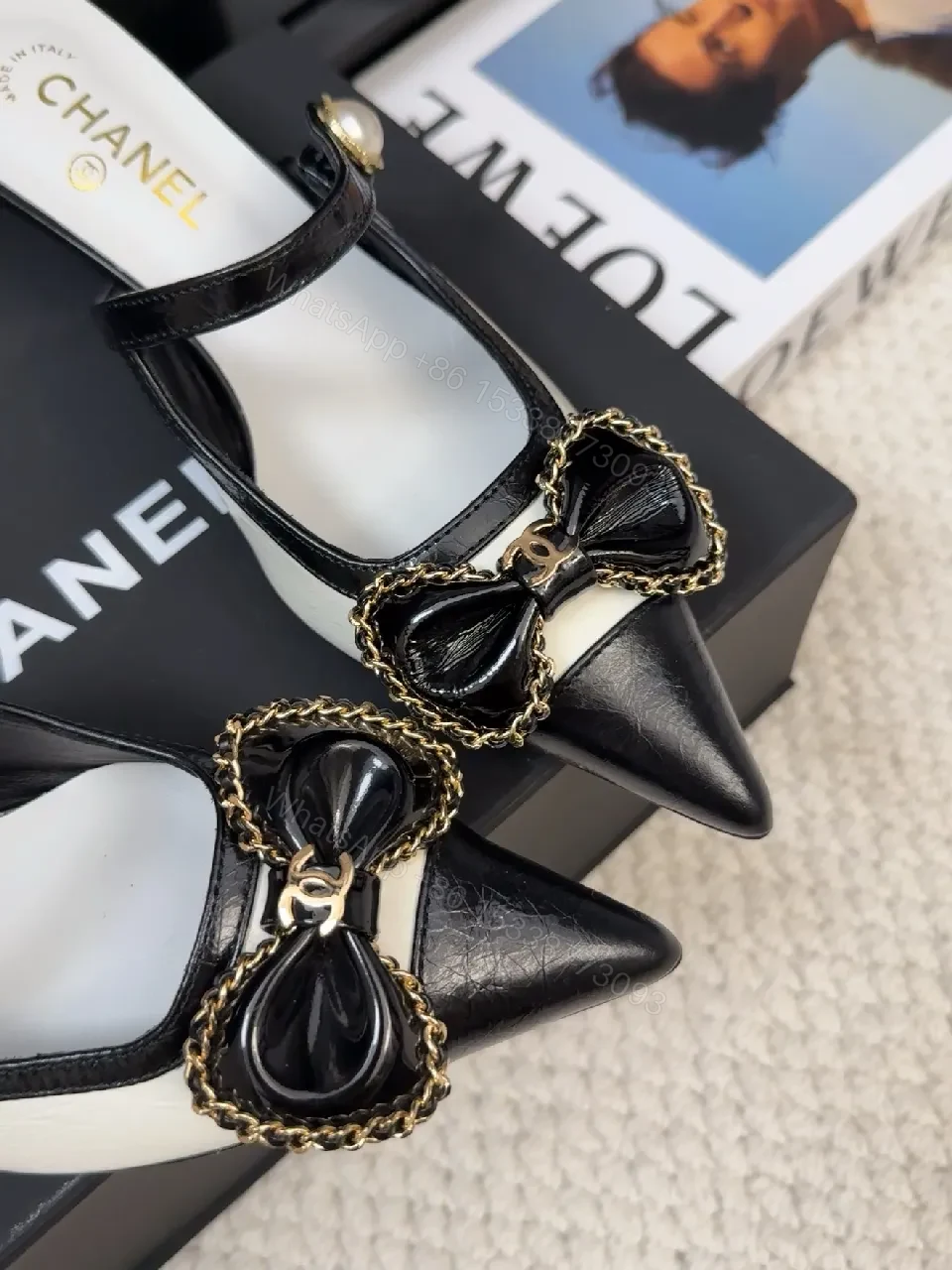 View 9 of Chic Ivory-Black Pearl-Trim Bow Pointed-Toe Mules