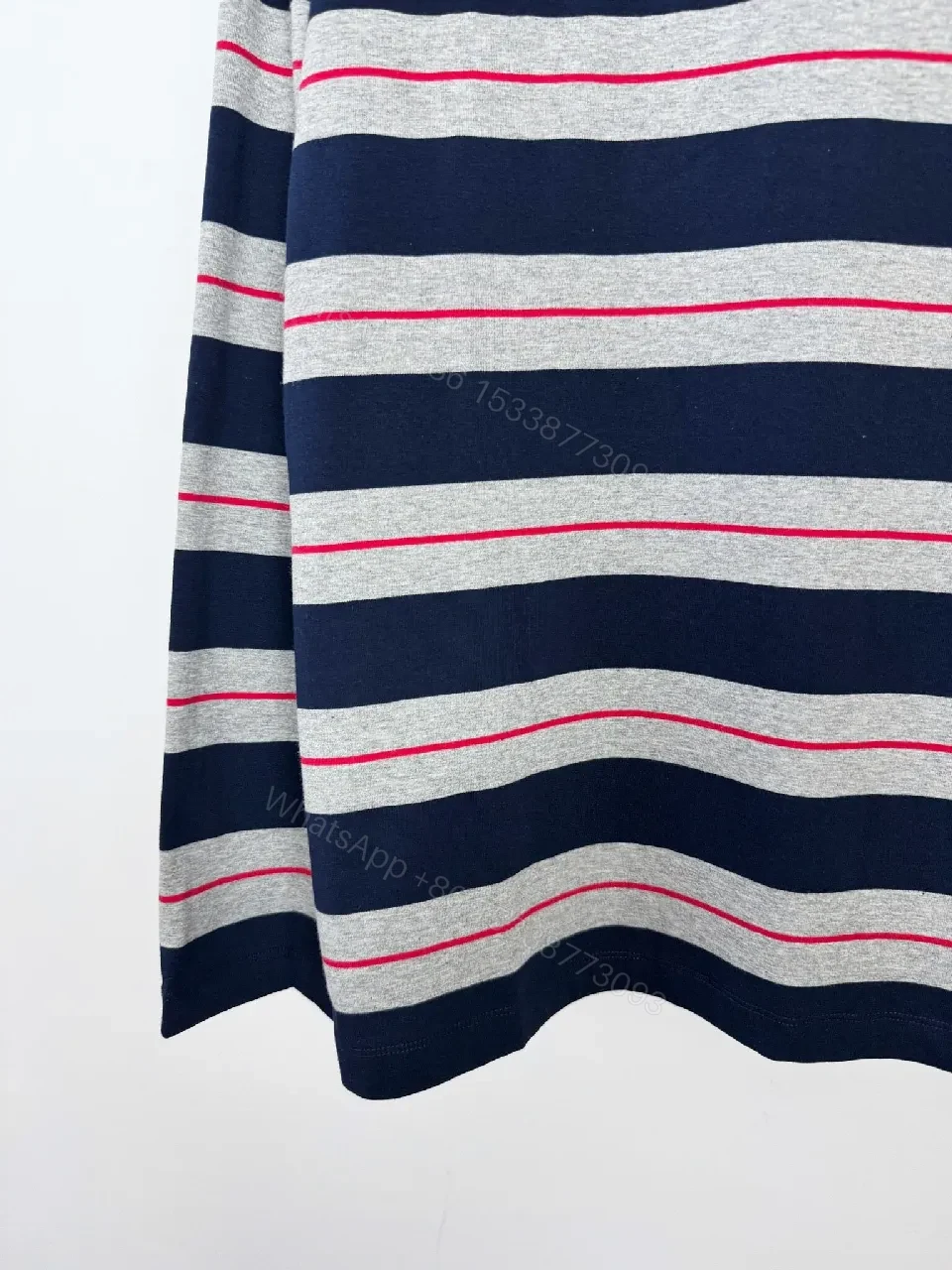 View 7 of Navy Gray Stripe Knit Top with Red Accent, Relaxed Fit