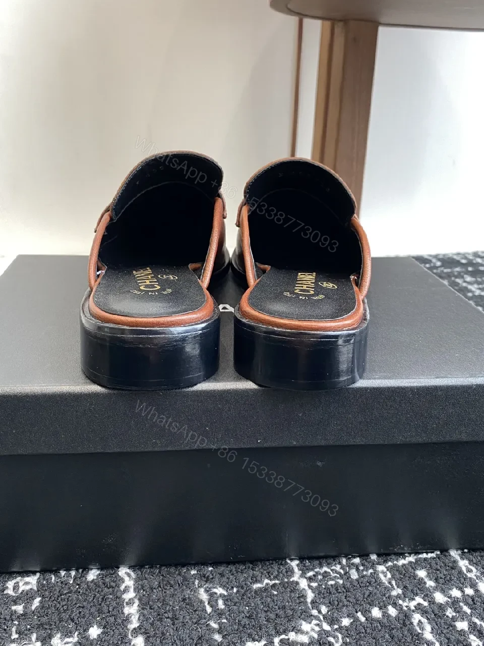 View 8 of Brown Leather Slide Sandals with Signature Stripe
