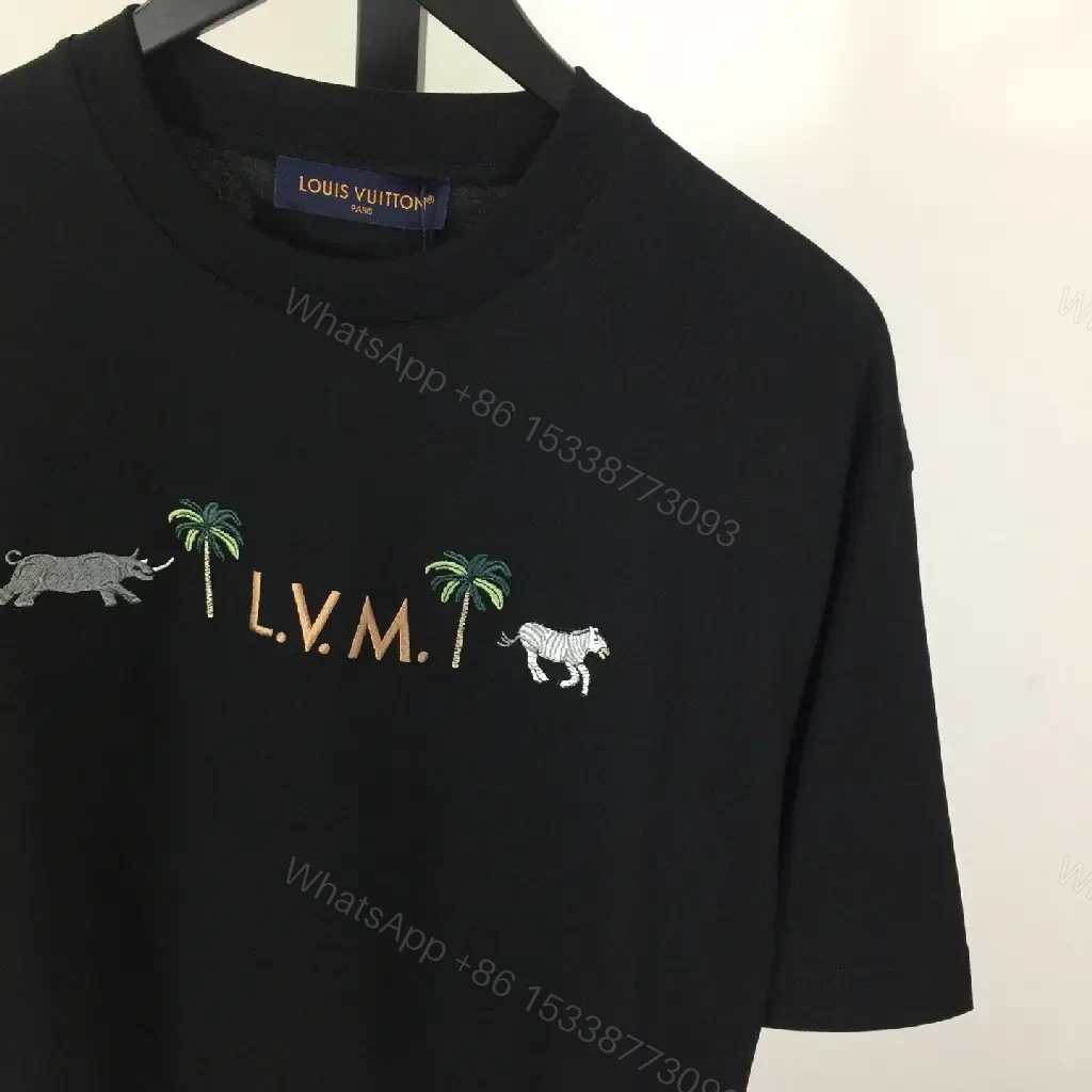 View 6 of Black Cotton Blend Palm Monogram Tee - Elevated Casual Staple
