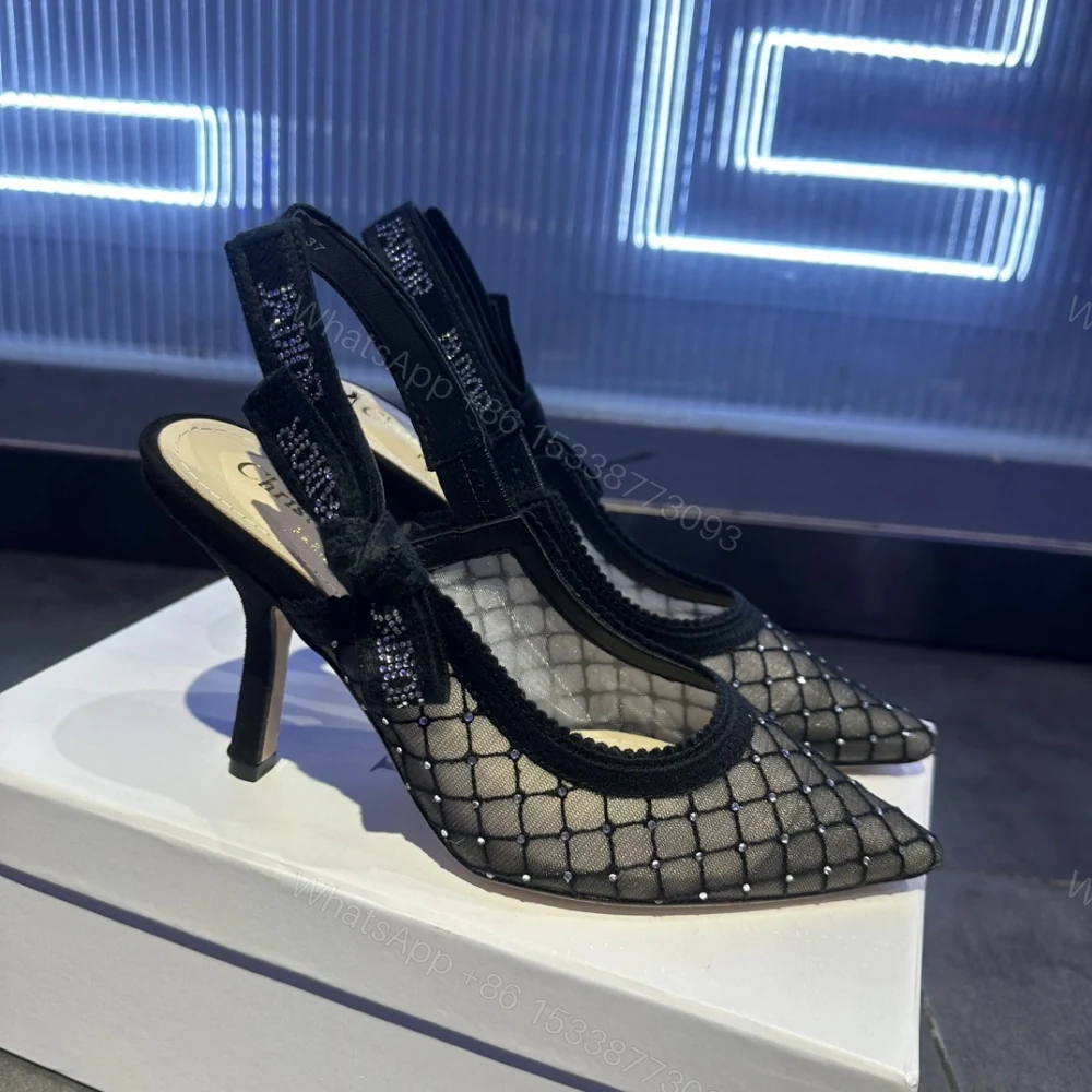 高仿Dior*JAdior系列KCV039尖頭露跟高踭鞋網面6.5CM黑色免檢版 — view 1