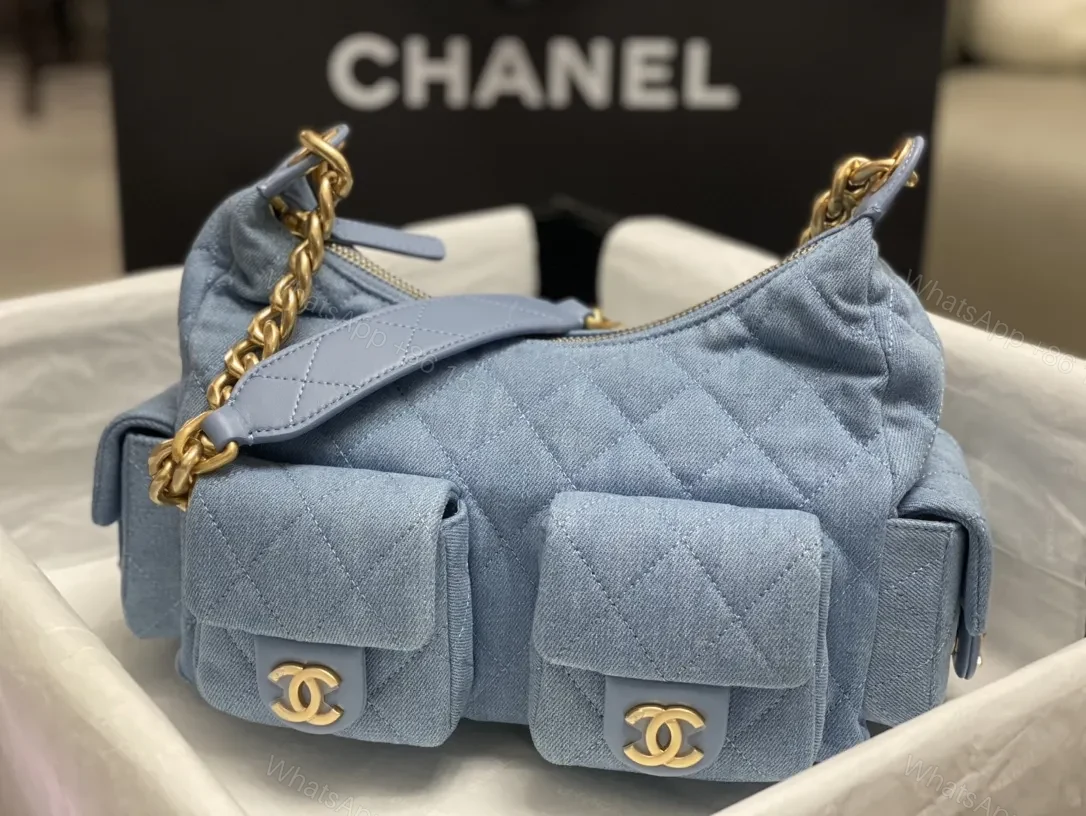 View 3 of Denim Quilted Mini Bag with Gold Chain Handle