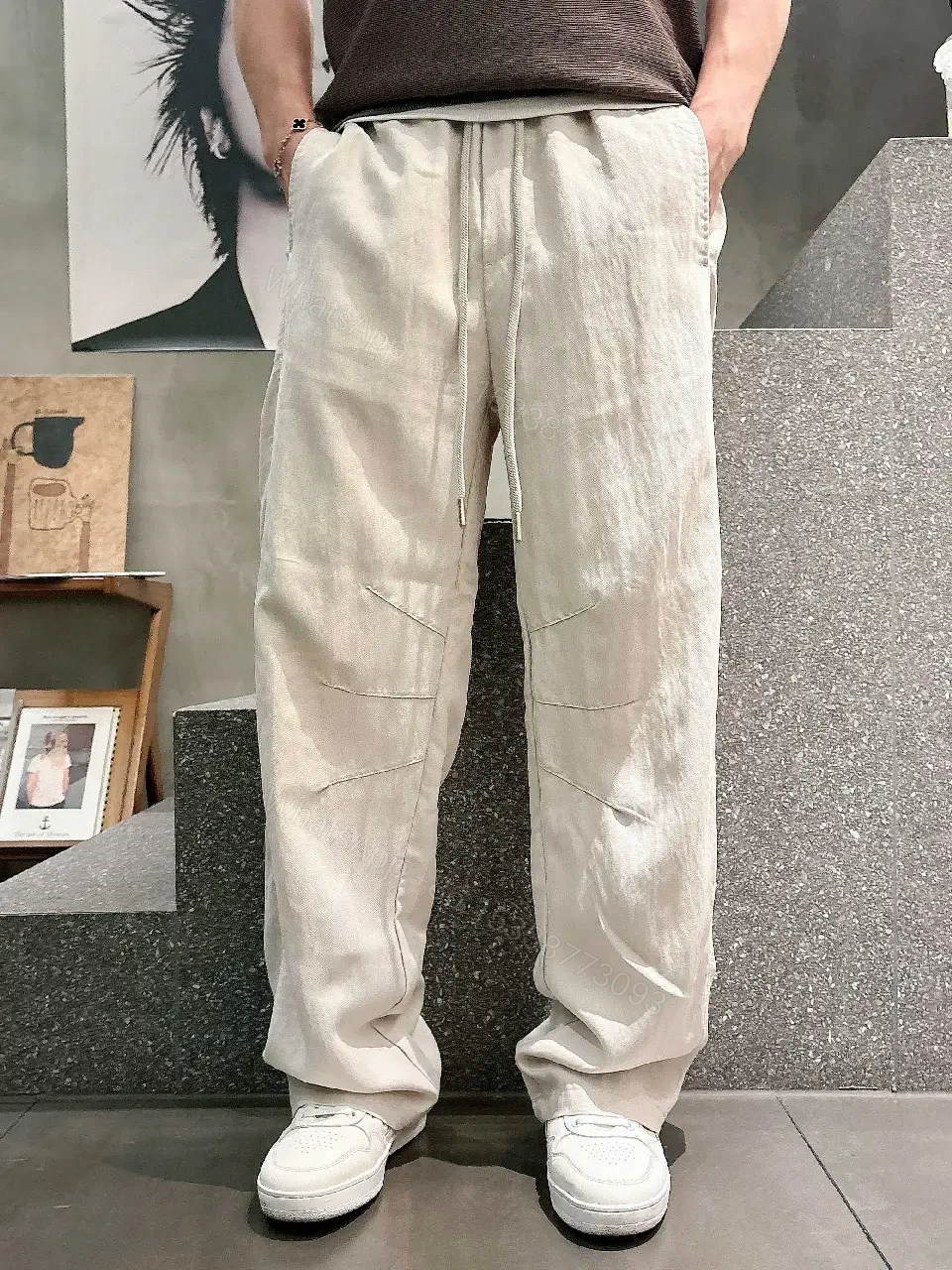 View 7 of Light Beige/Off-White Cargo Pants with Drawstring Waist, Relaxed Fit