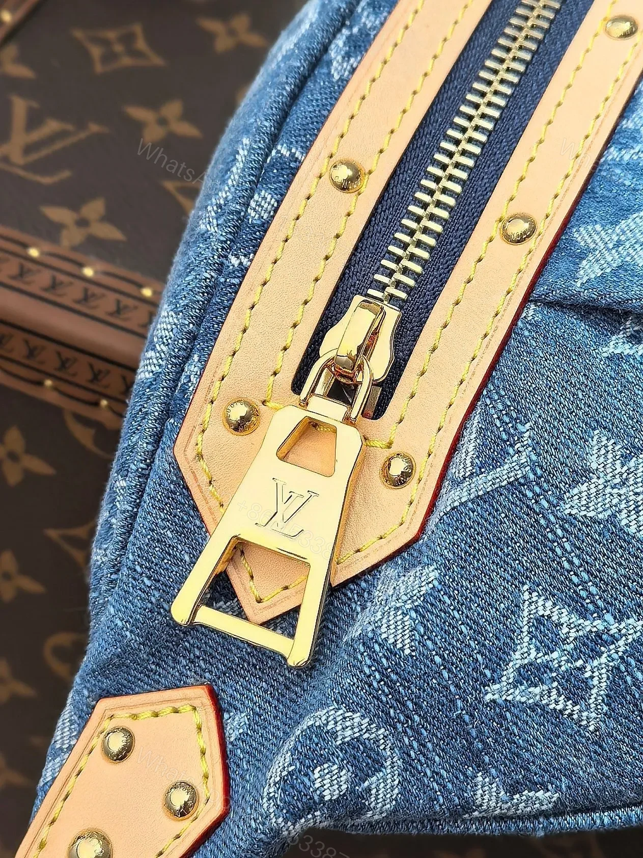 View 8 of LV 25S BUMBAG 38 IN BLUE MONOGRAM DENIM LEATHER TRIM GOLD HARDWARE