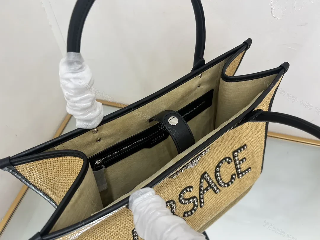 View 4 of Raffia Tote with Studded Logo Leather Trim Tote