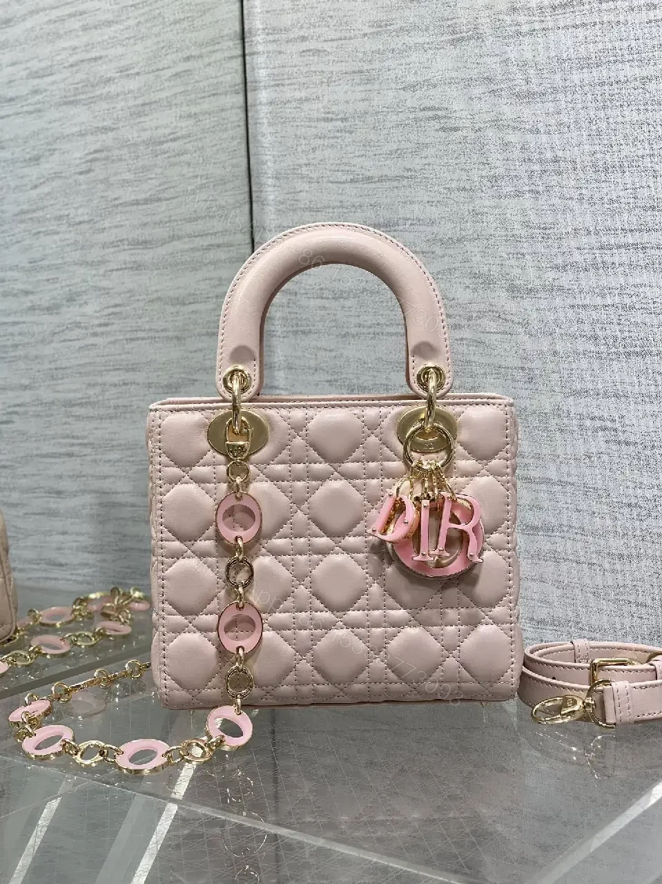 View 7 of Soft Pink Quilted Satchel - Mini Classic with Gold Charms