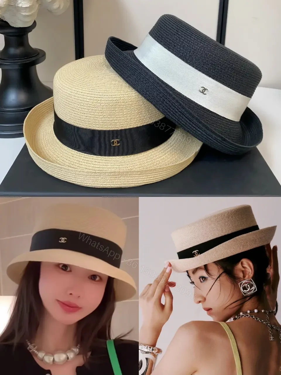 View 2 of Black Straw Fedora Hat with Beige Band Chanel Logo - Classic Style
