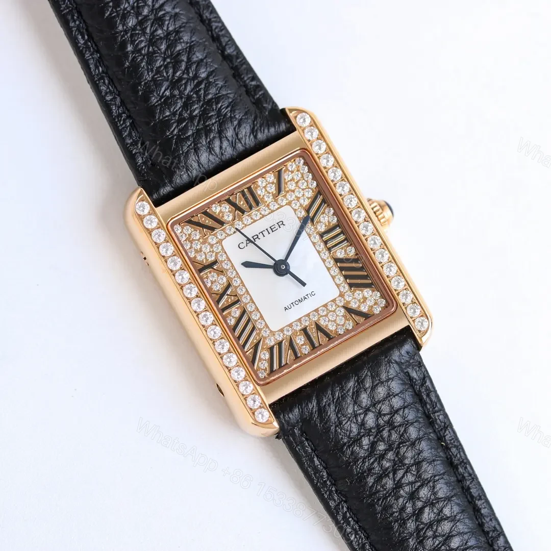 View 6 of KOR Factory Cartier Tank MK3 Women’s Automatic Mechanical Watch – Rose Gold with Diamond Bezel, Black Leather Strap