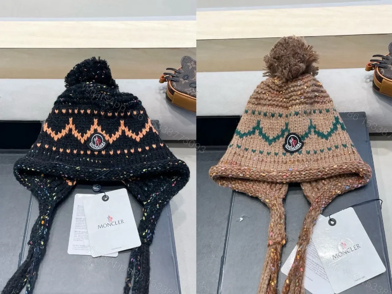 View 6 of Black Wool Earflap Beanie, Chevron Knit, Pom Pom, Signature Detail, Beanie