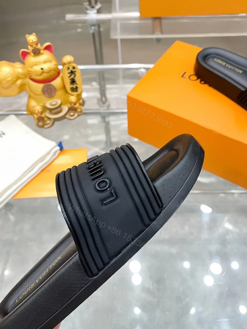 View 2 of Premium Black Slides with Striped Strap — Effortless Comfort