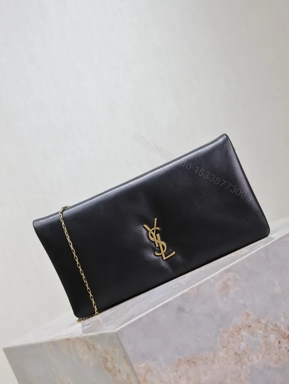 View 5 of Elegant Black Leather Clutch with YSL Gold Emblem - Night-Ready, All-Day Confidence
