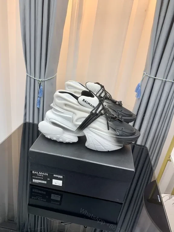 View 3 of Balmain Black & White Leather Knit Sneaker â€“ Sculpted Comfort